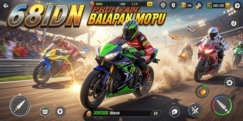 Screenshot menunjukkan aksi balapan motor yang mendebarkan di 68IDN.