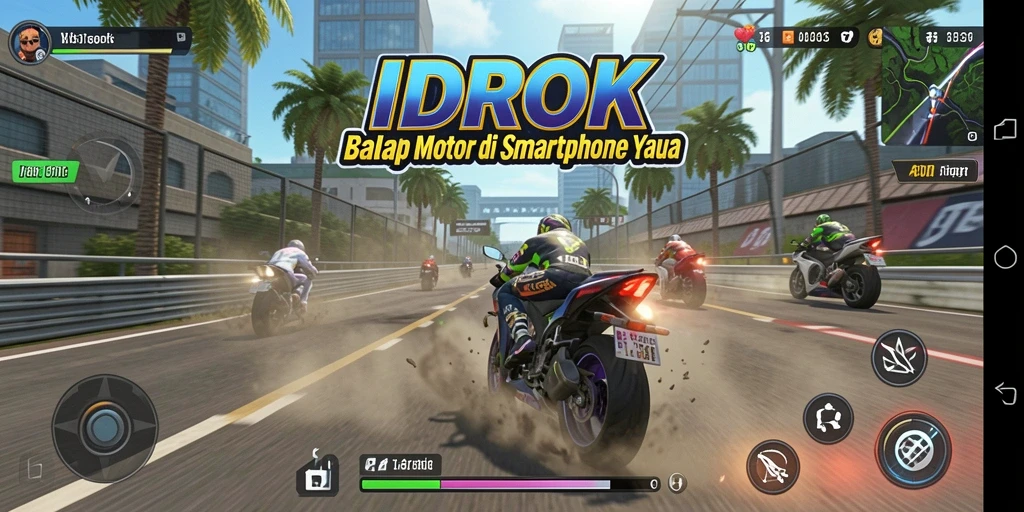 Screenshot gameplay IDROK menunjukkan aksi balap motor yang mendebarkan.
