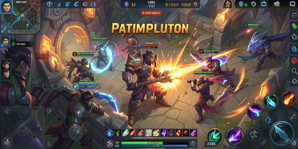 Tampilan gameplay seru V87 di arena MOBA yang dinamis.